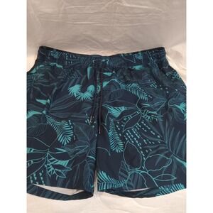 Mens Tropical Leaf Print Swim Trunks Navy Teal Zipper Pockets Mesh Liner XL